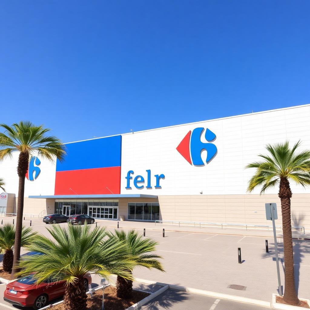 Exterior of a Carrefour hypermarket in Málaga on a sunny day with palm trees and parking