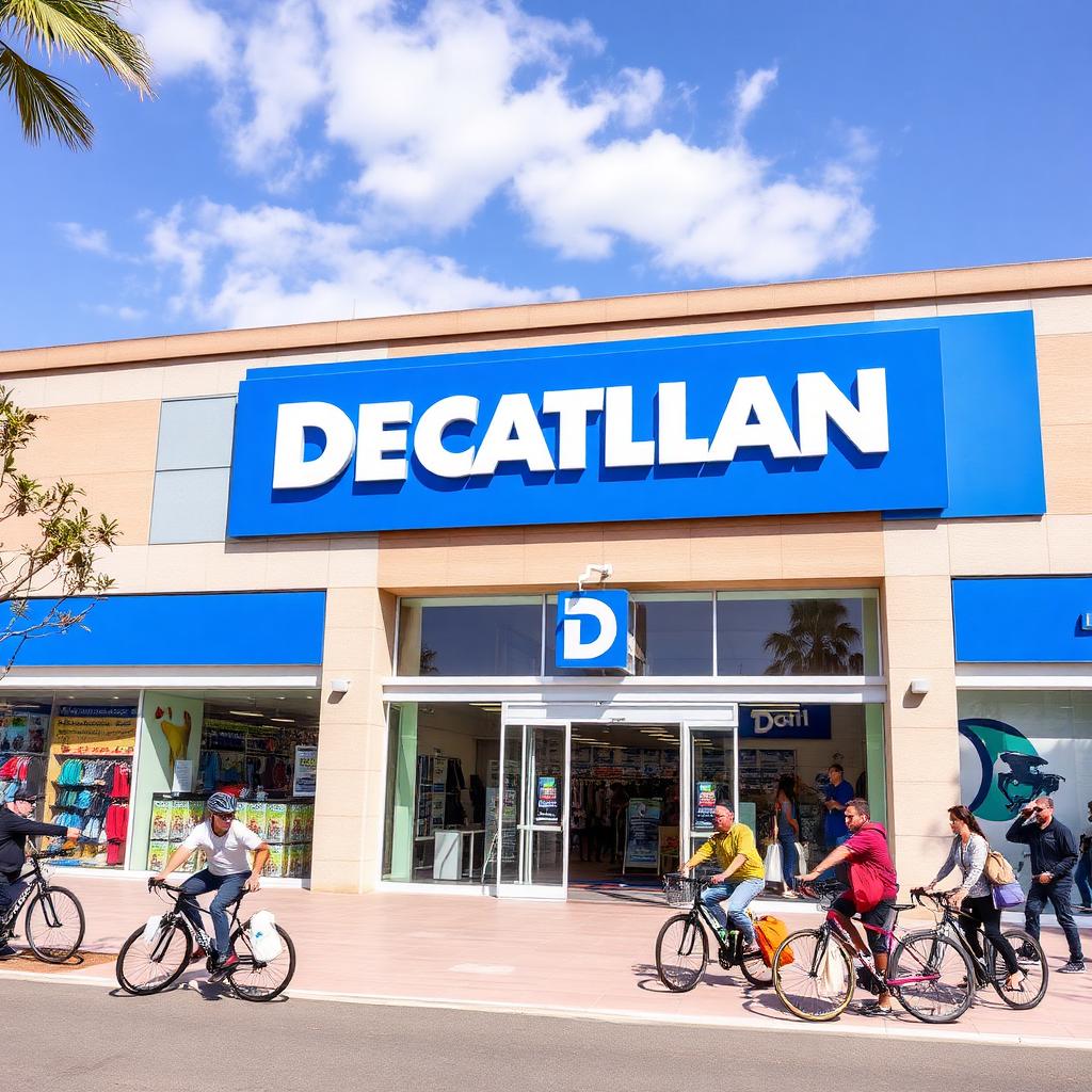 Decathlon Málaga storefront with cyclists outside on a sunny day