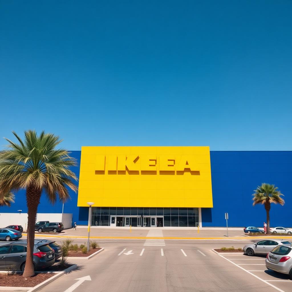 IKEA Málaga blue and yellow storefront with palm trees under a bright Andalusian sky