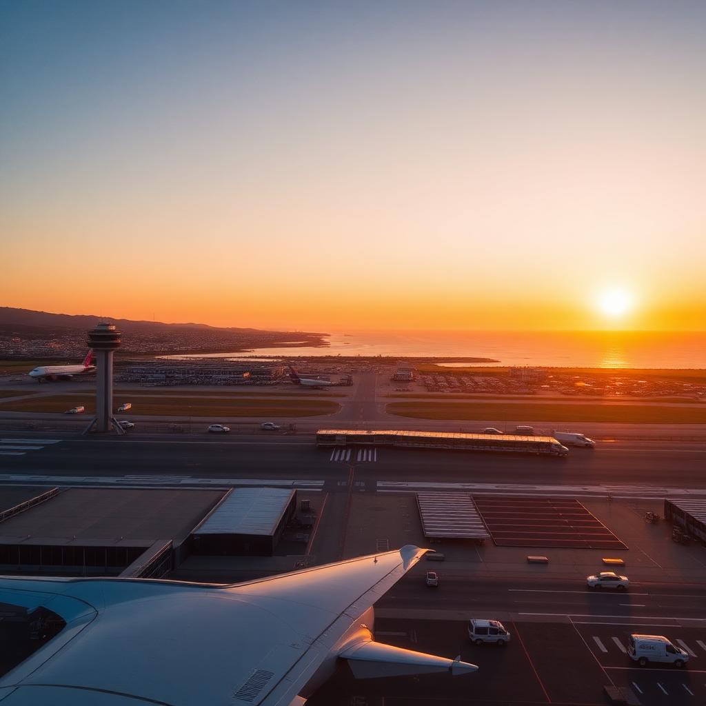 Aerial view of Málaga airport at sunset with the Mediterranean in the background