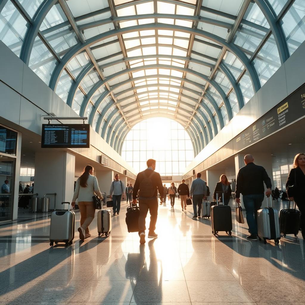 Bright arrivals hall at Málaga airport with travellers pulling suitcases