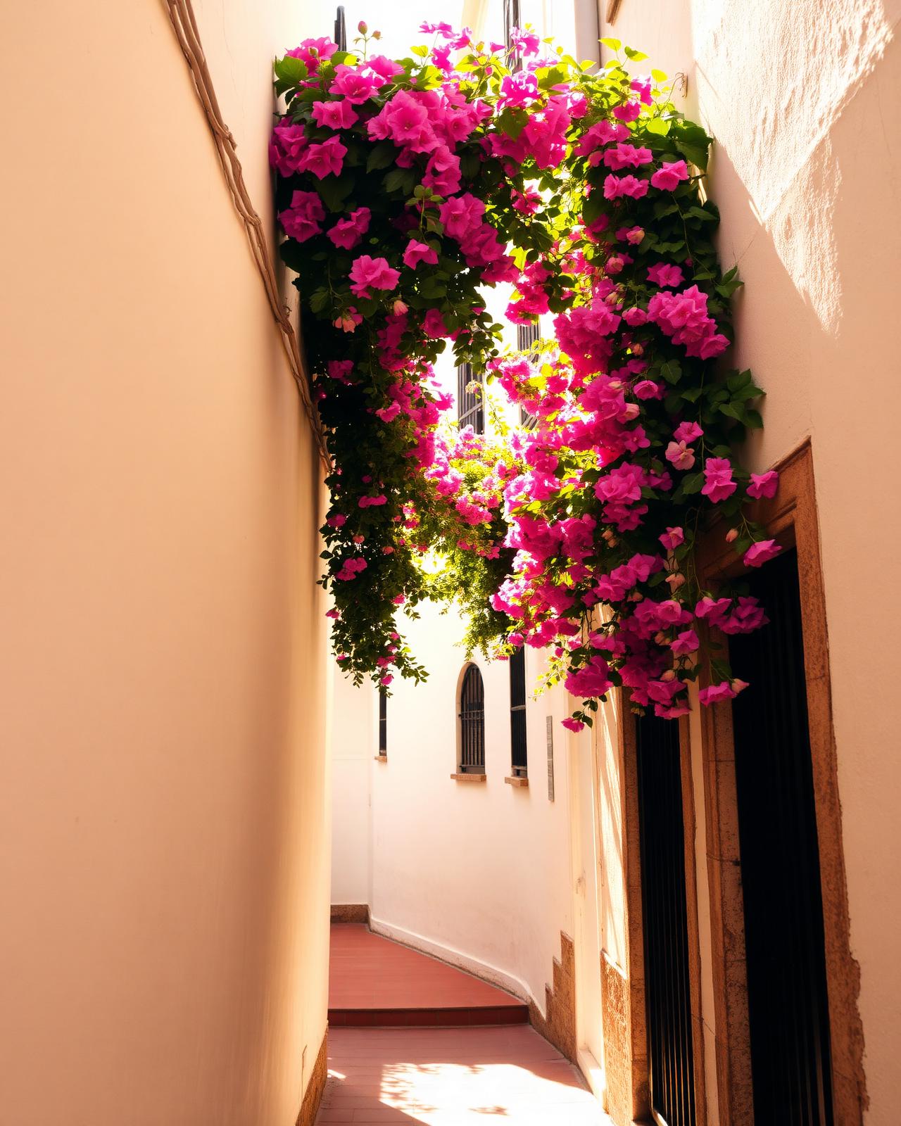 Bougainvillea cascading down a whitewashed alley in Málaga's old town
