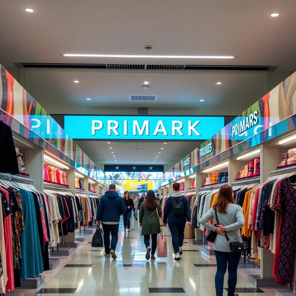 Interior of a Primark fashion store in Málaga with brightly lit clothing displays and shoppers