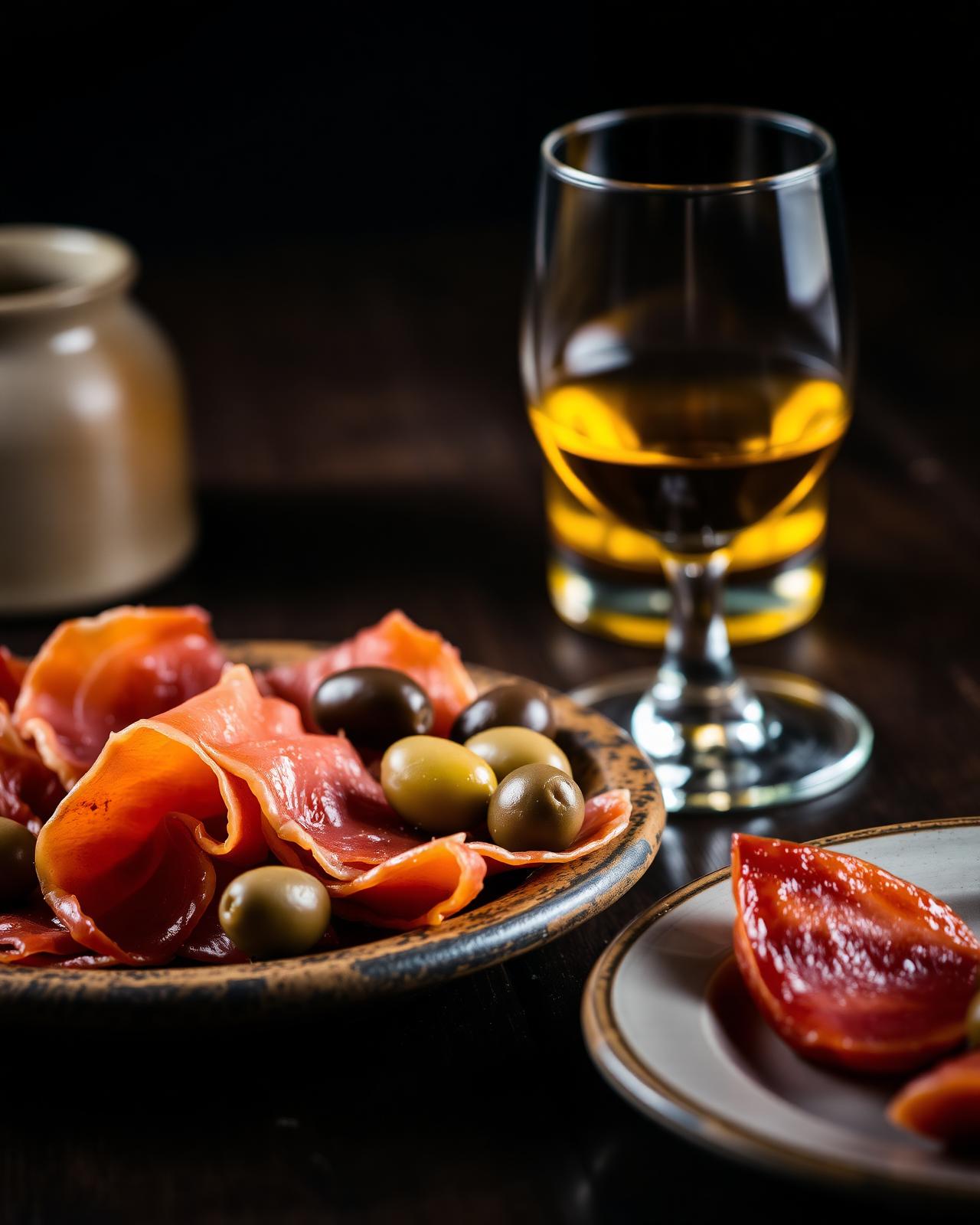 Jamón ibérico, olives, and a glass of fino sherry on a Spanish ceramic plate
